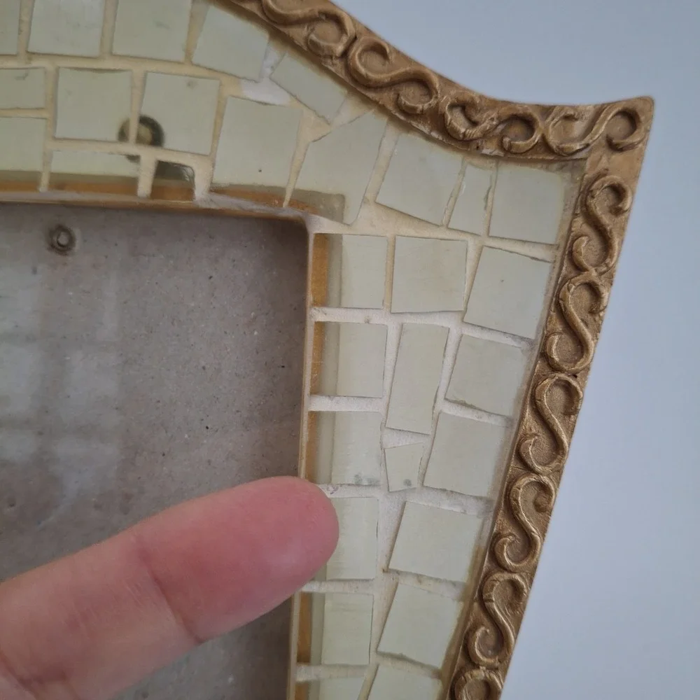 Vtg ANNA Gold Scroll Mosaic Frame Translucent Glass/Shell Tiles Shield Shape